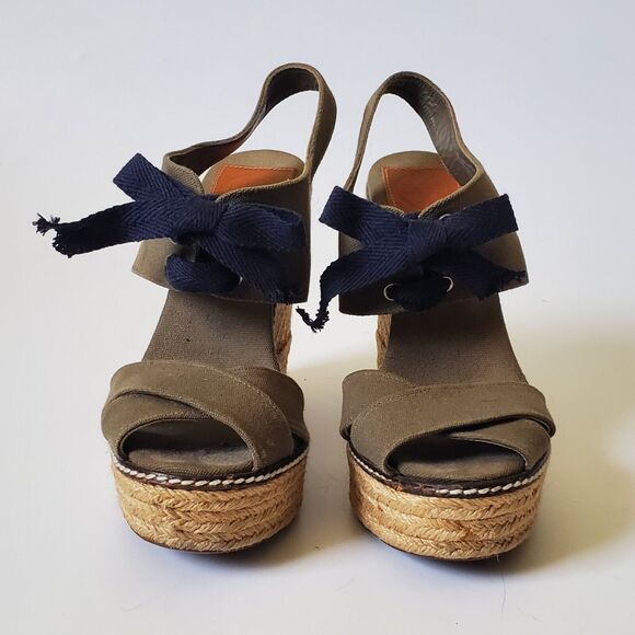 Tori Burch Canvas Espadrille Sandals Khaki Green Jute Wedge Open Toe Summer - Picture 3 of 12